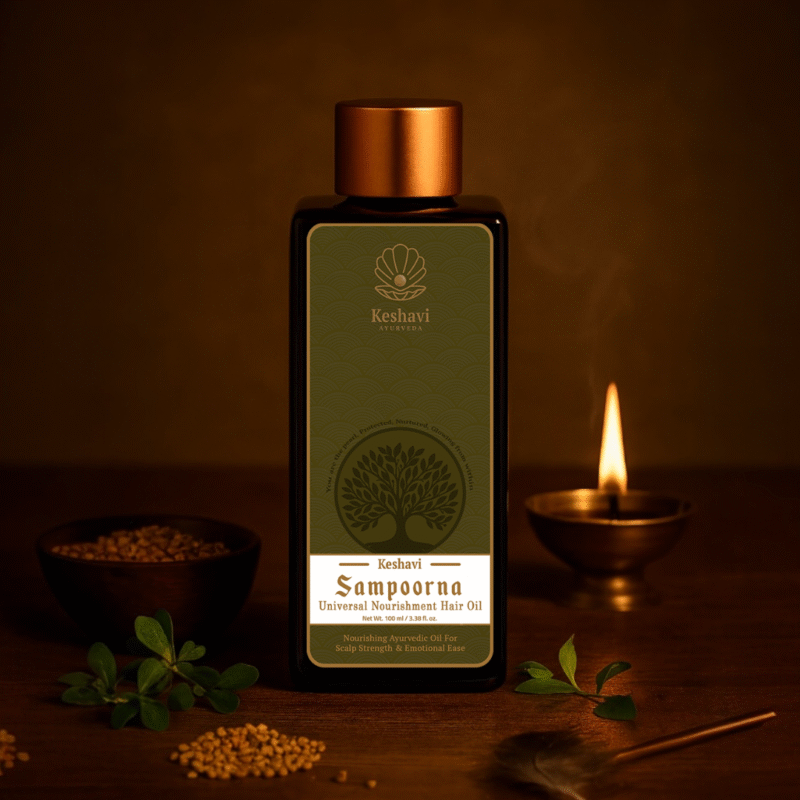 keshavi sampoorna bottle- witn diya and fenugreek seeds.. ayurvedic hair oil for scalp and soul nourishment
