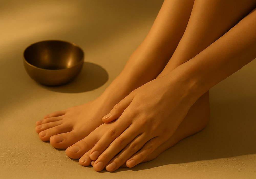 women touching her feets and oil kept beside